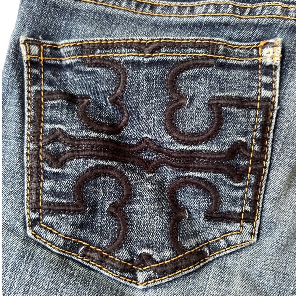 Tory Burch Cut Off Denim Shorts Dark Wash Gold Logo Hardware 26